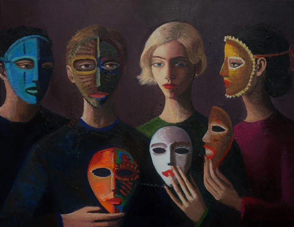 A painting of four people holding and wearing colourful theatrical masks