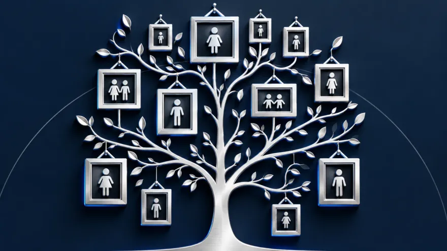 A silver family tree with portrait frames hanging from its branches, against deep navy